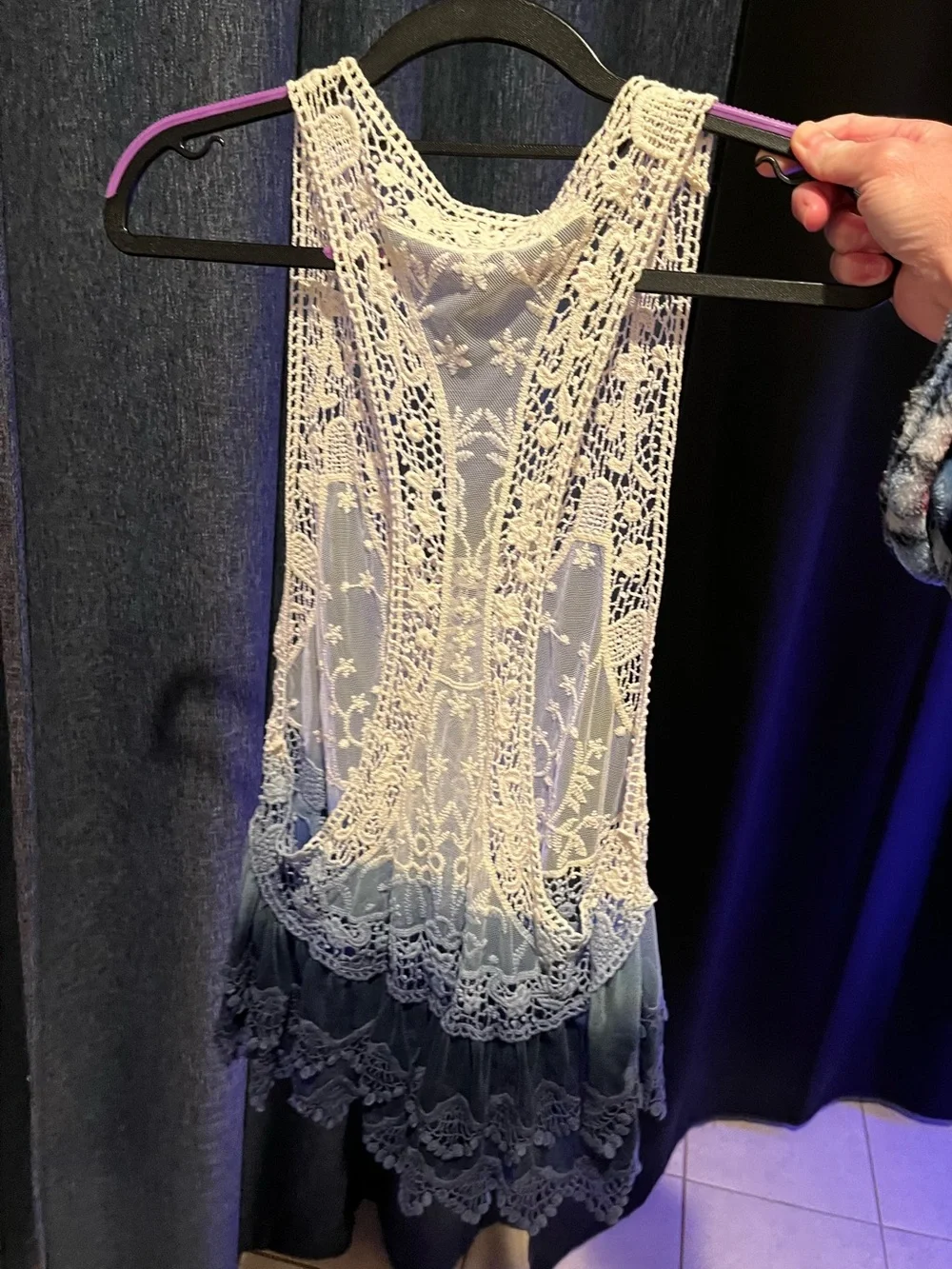 POL Sheer Lace Crochet Ombre Tank Tunic in Cream and Blue